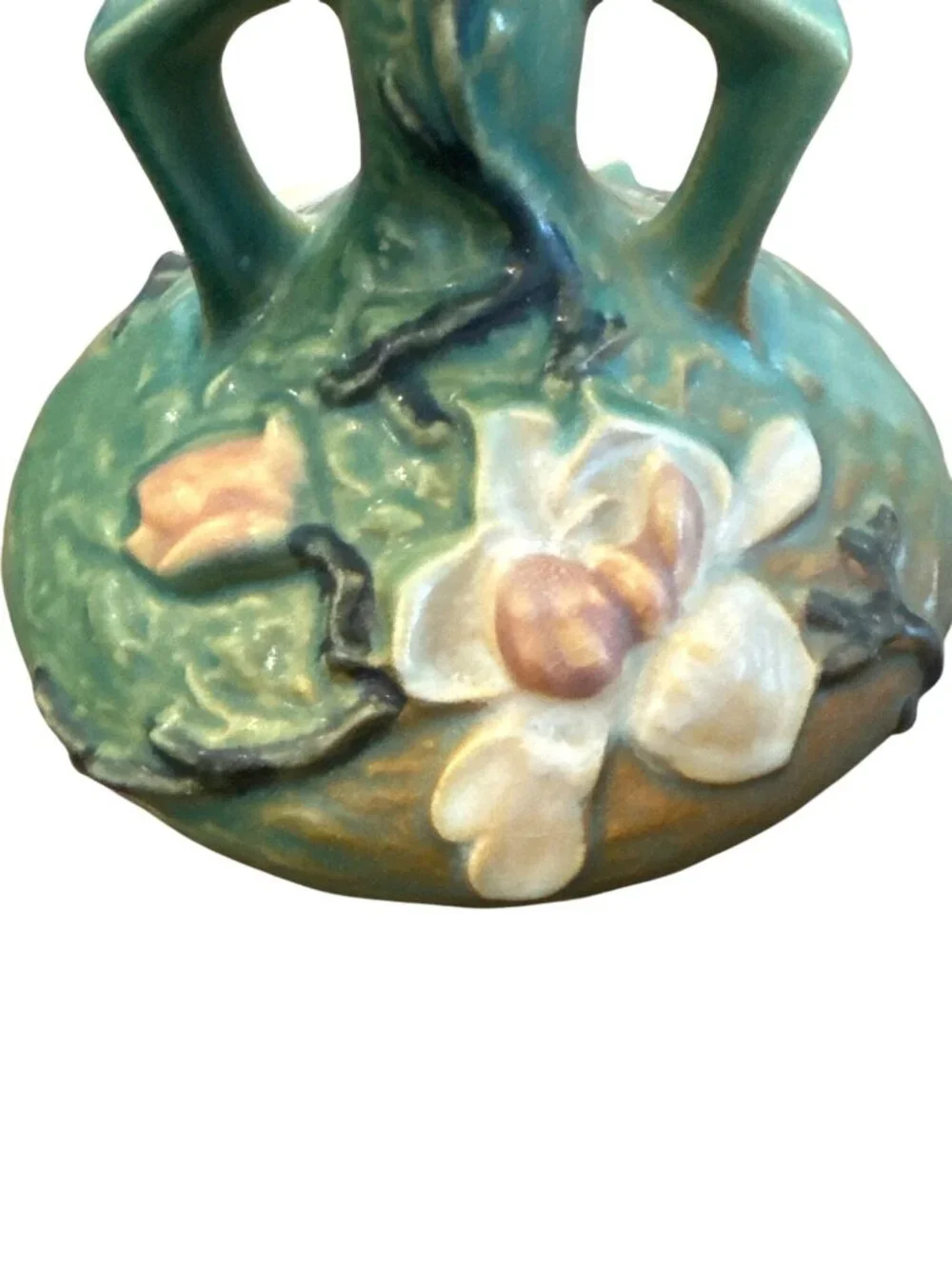Roseville Magnolia 179-7" Green Ceramic Double Handle Vase Vintage USA - Picture 6 of 6